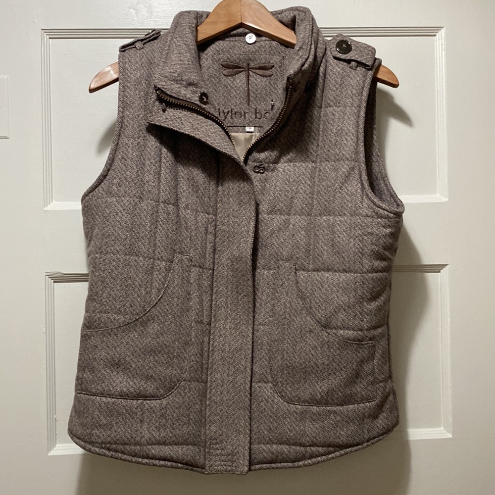 tyler böe quilted wool herringbone vest sz M in brown w/detachable fur collar - Picture 10 of 12